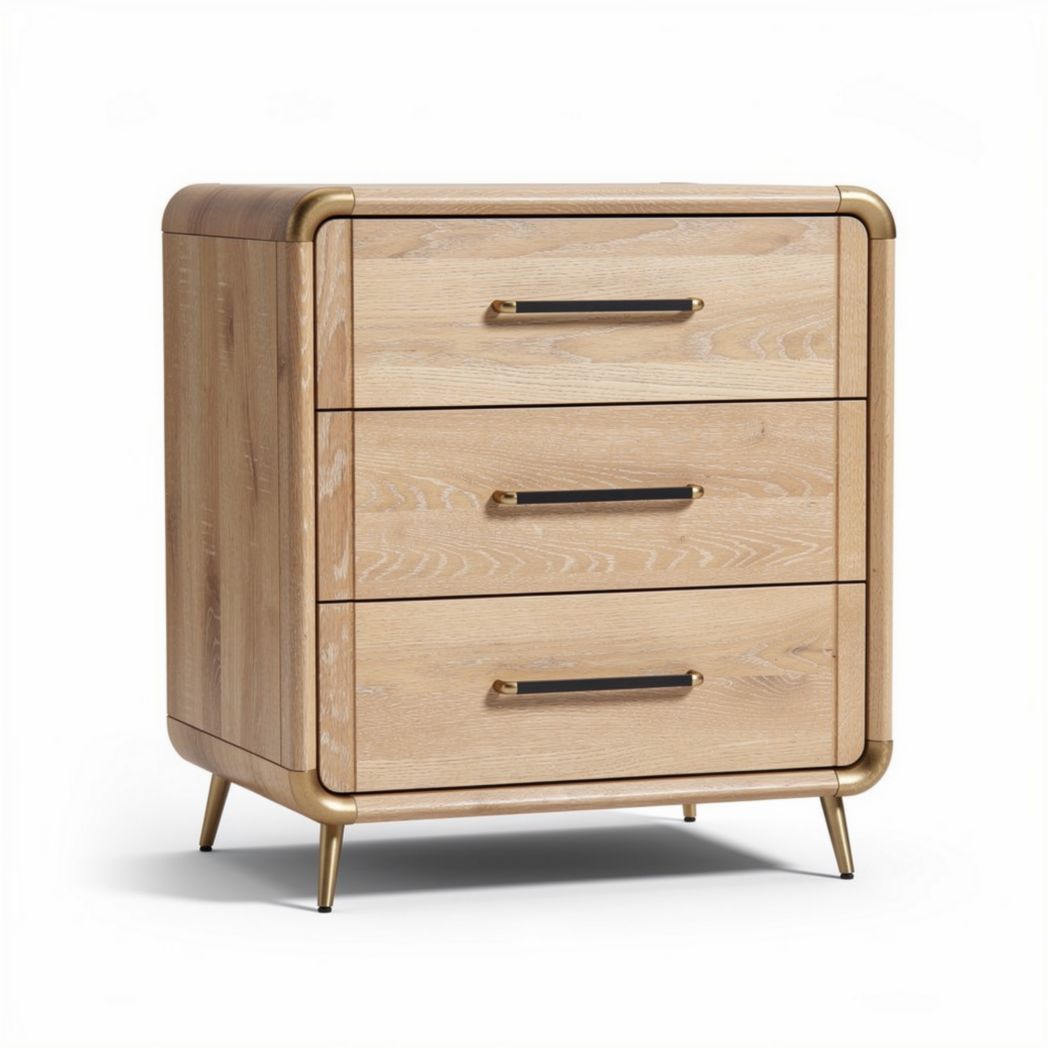 Commode en bois clair avec trois tiroirs 60 x 40 x 70cm finition dorée