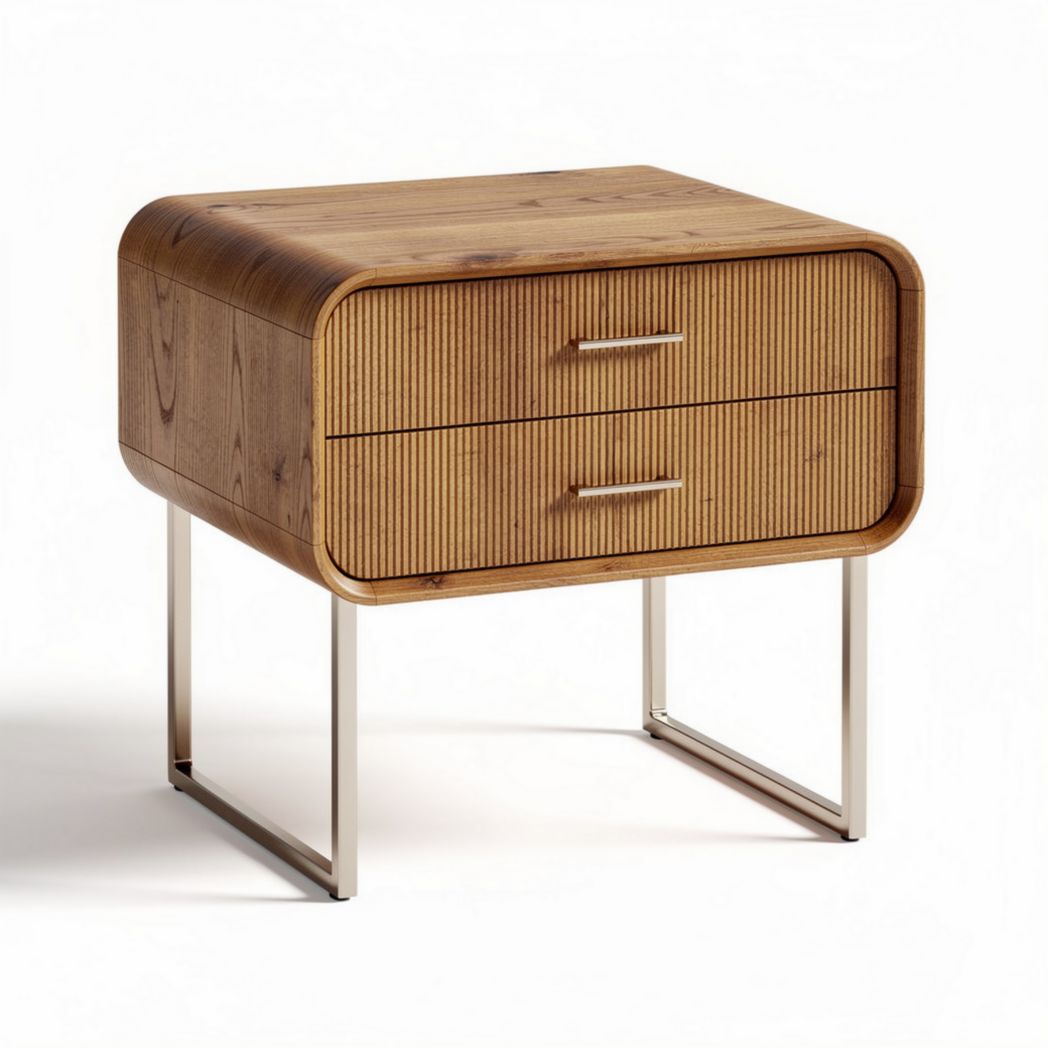 Table de chevet en bois avec deux tiroirs et pieds en métal 45 x 40 x 40cm