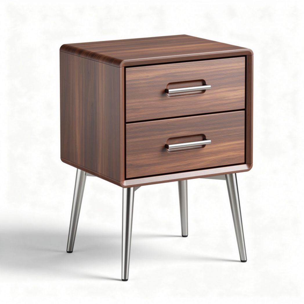 Table de chevet en bois marron avec deux tiroirs et pieds en métal 50 x 40 x 60cm