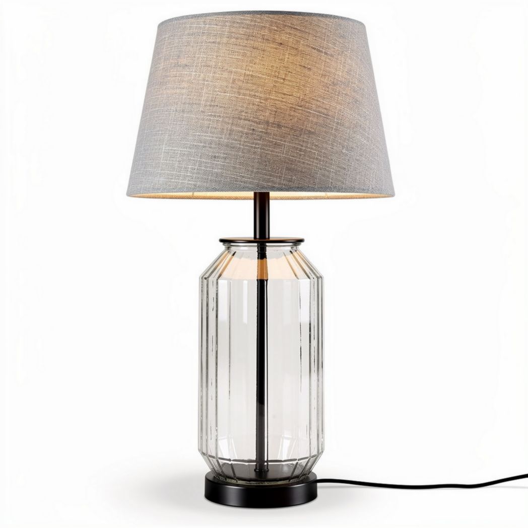 Lampe de table en verre transparent avec abat-jour en tissu gris 30 x 30 x 50cm