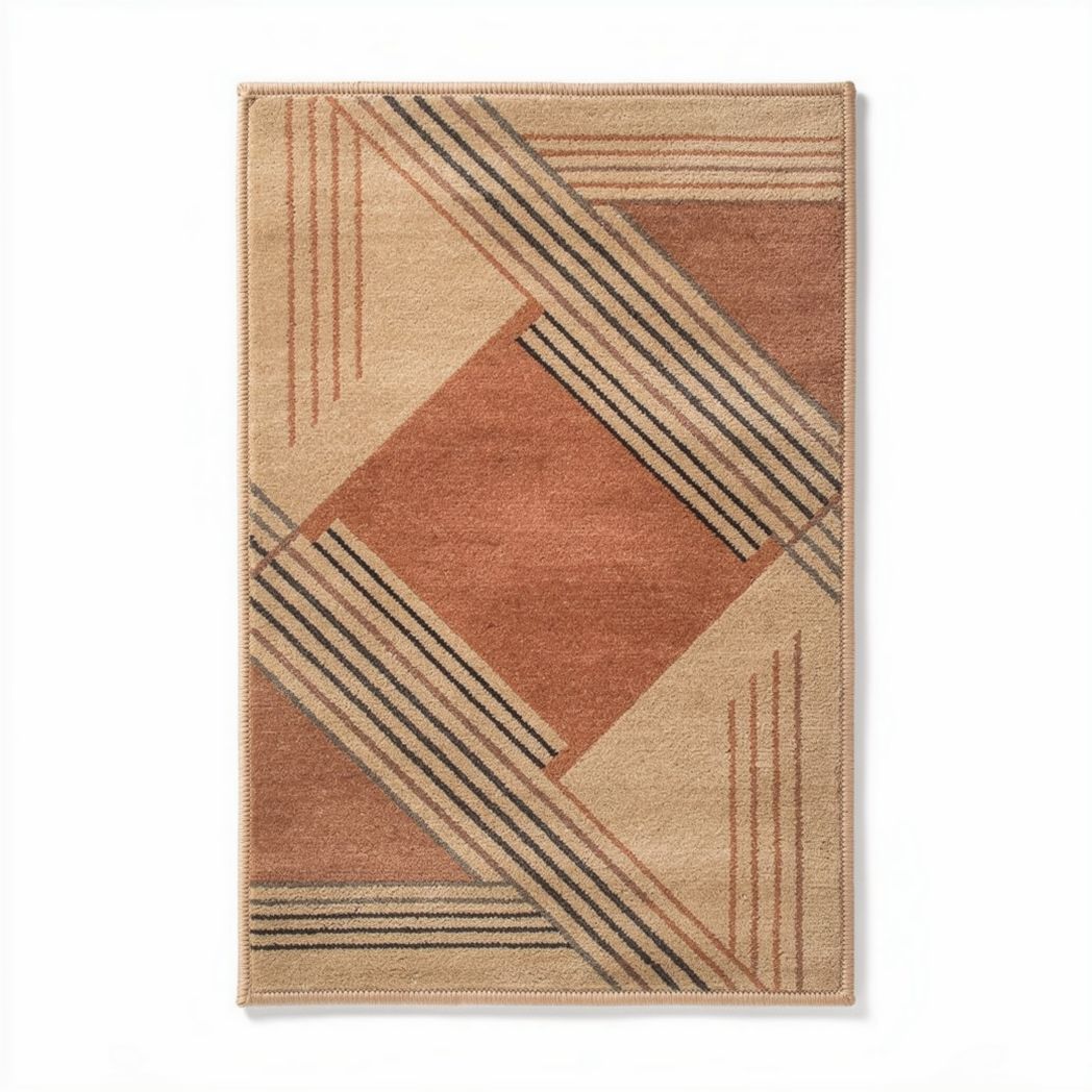Tapis en laine beige et marron avec motifs géométriques 120 x 80 x 1cm