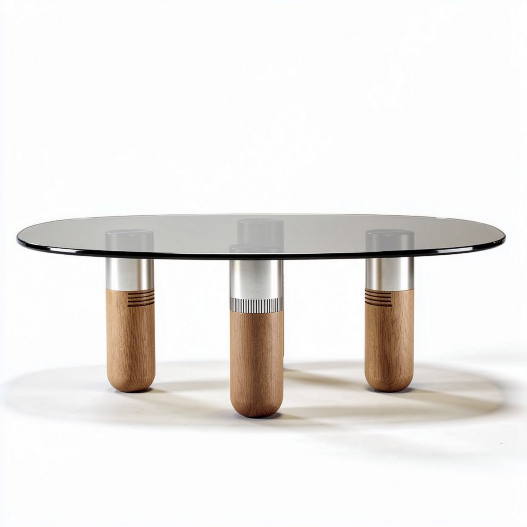 Table basse ovale en verre noir avec pieds en bois naturel et métal 150 x 80 x 40cm